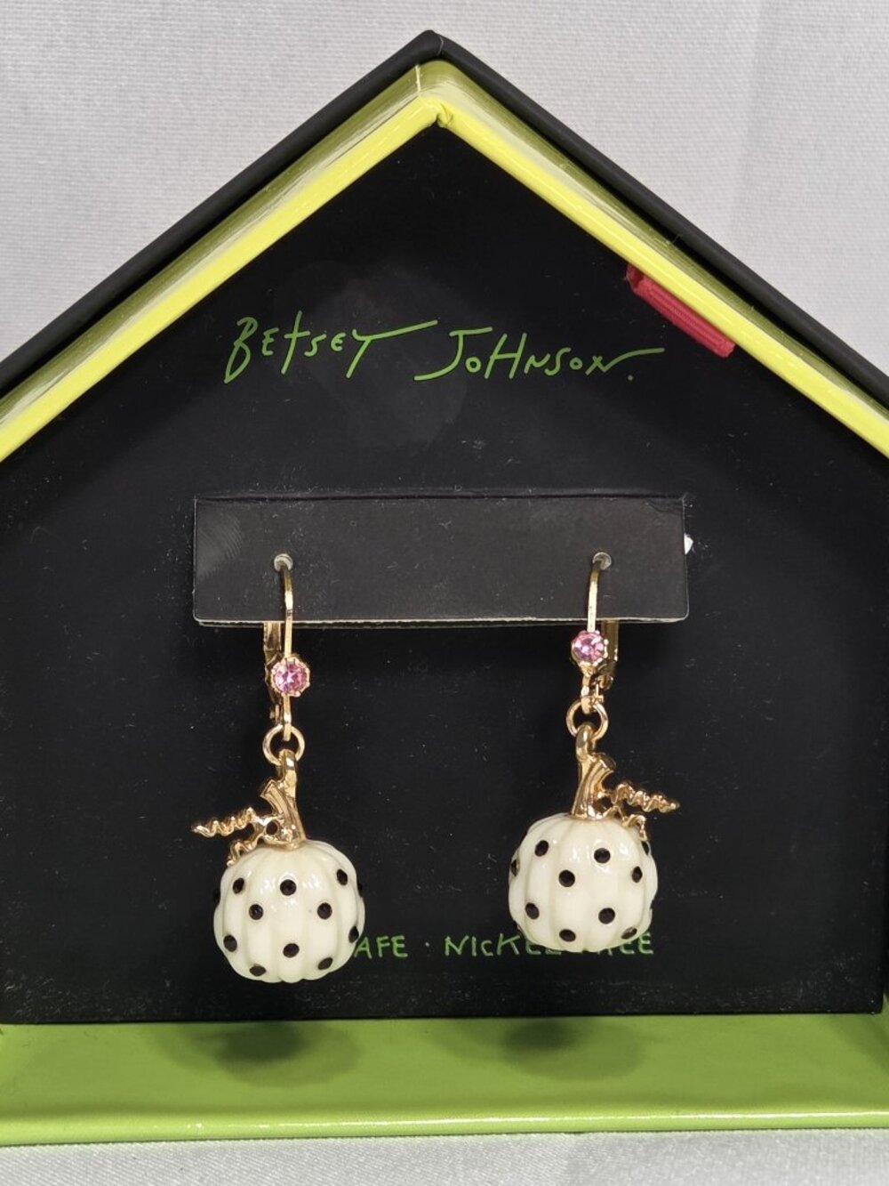 Betsey Johnson Polka Dot Pumpkin Dangle Earrings White Halloween Drop New NIB